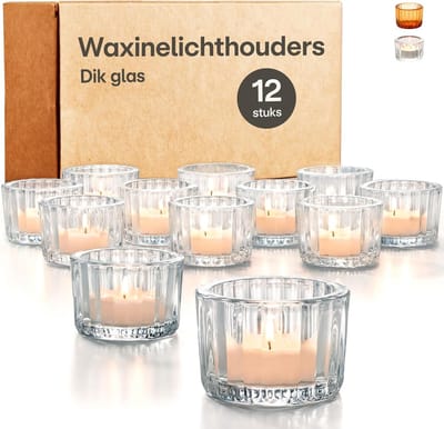 Famanu - Set van 12 glazen theelichthouders, transparant, stevig voor tafel- en bruiloftsdecoratie