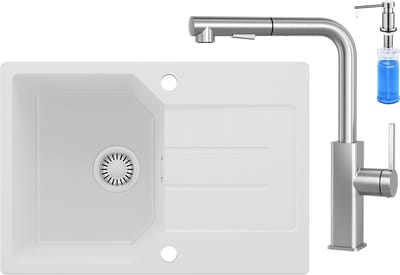 Anycee MAX Spoelbak Keuken 65x45CM - Granieten Spoelbakken Met Keukenkraan met Uittrekbare Uitloop en Zeepdispenser - Onderbouw Spoelbak Wit - Met waterafvoersysteem - Voor 40 cm kast