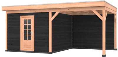 Douglas overkapping, 600 x 350, met zwarte schuur en achterwand, Westwood Comfort Plus