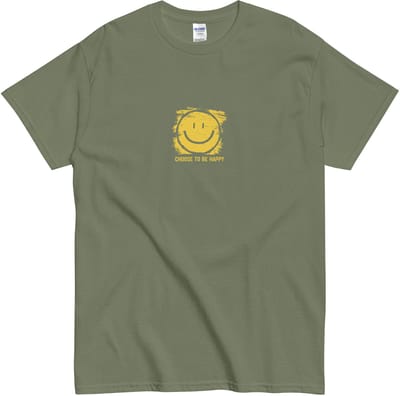 Katoenen Shirt met Smiley Print - Feel Good Mode - Choose te be Happy Quote - Dames Heren T Shirt - Khaki Groen - S