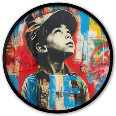 Poster in lijst Rond - Fotolijst 40x40 cm - Posters - Graffiti - Jongen - Street art - Kleuren - Ronde posterlijst zwart - Decoratie - Wanddecoratie woonkamer - Muurdecoratie slaapkamer
