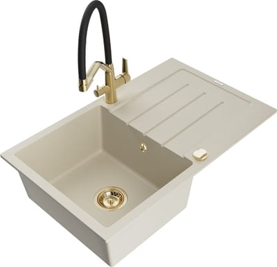 Mexen Bruno granieten gootsteen 1-koer met afdruiprek en keukenkraan Duo, beige - 6513-69-671701-57-G