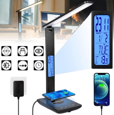 Led bureaulamp - Bureaulamp Met Draadloze Oplader - TENZHVXI® - Oogbescherming Zonder Flikkering - Multi-as Rotatie En Dimbaar - Lcd-klok Met Temperatuurweergave - Inclusief Usb-poort - Ideaal Voor Thuiswerkplek En Studentenkamer