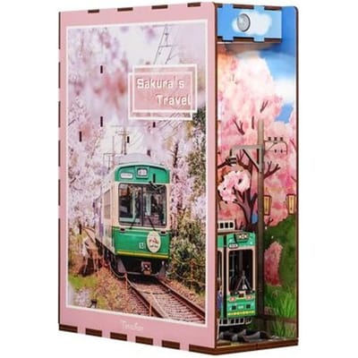 Tonecheer Sakura's Travel Book Nook Bouwpakket - Modelbouw - 18,2 x 8 x 24,5 cm - Houten 3D Puzzel - Boekensteun - LED-licht - Bewegingssensor Licht - Boekenhouder