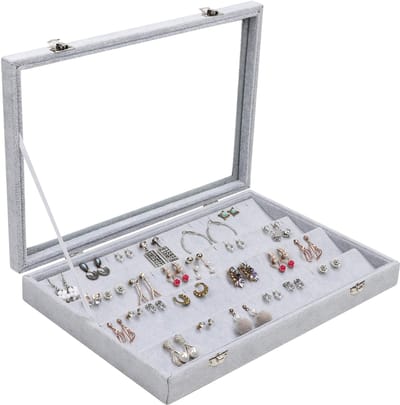 Allecto - Sieraden Organiser Doos - 4 Laags Oorbellen Display - Grijs Velours - Glazen Deksel - 40 Sleuven - Geschikt voor Dames
