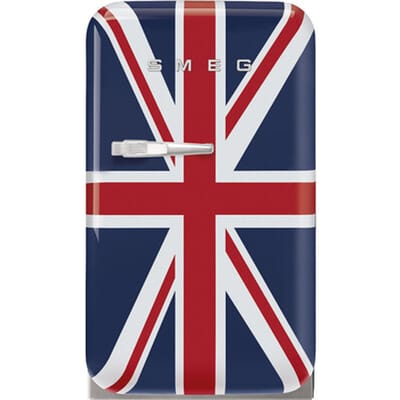 SMEG Koelkast Retro Vrijstaande ijskast Koelkast, Jaren 50, Enkeldeurs, Vrijstaand , Positie scharnier: Rechts, Gedecoreerd/ Speciaal, Union Jack
