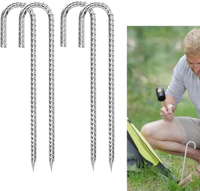 Set van 4 stuks - Gegalvaniseerde grondanker - J-type grondpen - Tentharing - Trampolinehaak voor kampeertent, hek, kasteel (zilver)