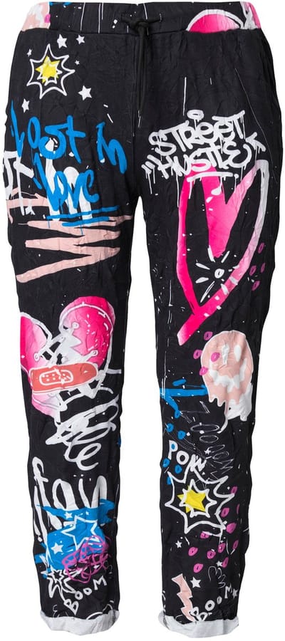 Angel of Style - Dames - Broek joggingbroek crinkle met graffiti - Zwart - Maat 52