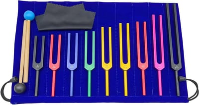 9-delige stemvorkset in verschillende kleuren voor therapie en meditatie - Frequenties 174 Hz tot 963 Hz