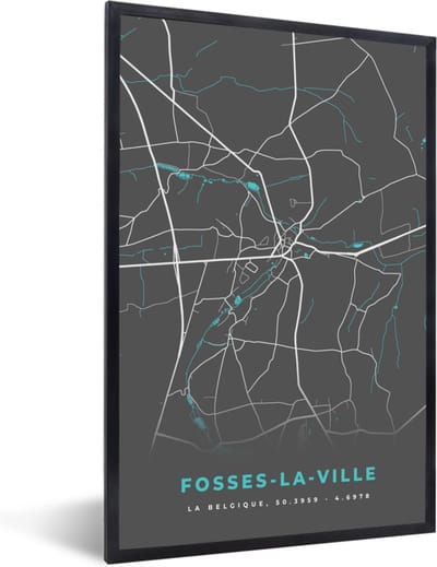 Fotolijst incl. Poster - Plattegrond – Fosses la Ville – Blauw – Stadskaart - Kaart - 40x60 cm - Posterlijst