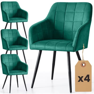 Set van 4 Eetkamerstoelen LUXANO met Armleuningen / Gestoffeerde Stoelen / Fluwelen Stoelen en Metalen Poten / Flesgroen met zwarte benen