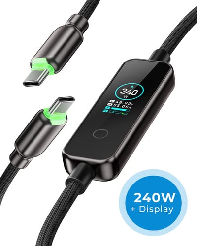 Voomy 240W USB-C kabel met Digitale LED display - 240W snelladen - 480Mbps data overdracht - Geschikt voor Smartphone & Tablet - 1.2M - Zwart
