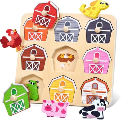 Houten Boerderij Puzzel - Montessori Speelgoed - Motoriek Ontwikkeling - FSC Gecertificeerd Hout - 9 Dieren - Multicolor