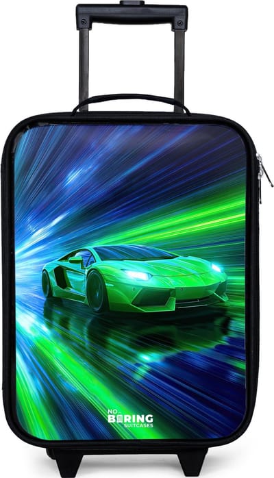 NoBoringSuitcases.com® - Kinderkoffer jongen - Kindertrolley meisje - Raceauto - Felgroen - Lichtstralen - Snelheid - Koffer kind lichtgewicht - Reiskoffer trolley voor kinderen - Koffertje met lichtgevende wieltjes - Rolkoffer zwart