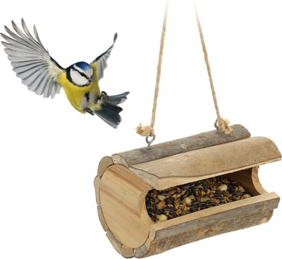 voedersilo hangend - hout - met schors - tuinvogels - kleine vogels