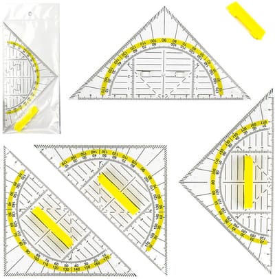 Set van 4 flexibele geodriehoeken met handvat, 16 cm, inclusief cirkelsjabloon - geschikt voor school en kantoor