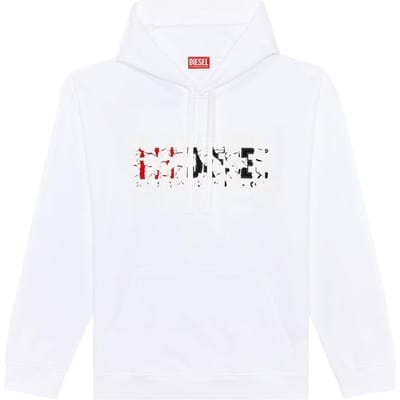 Diesel Heren Dubbel Vernietigd Logo Hoodie (Wit)