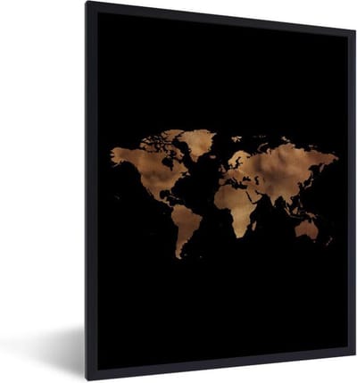 Poster in lijst - Fotolijst 60x80 cm - Posters - Wereldkaart - Brons - Zwart - Posterlijst zwart - Decoratie - Wanddecoratie woonkamer - Muurdecoratie slaapkamer