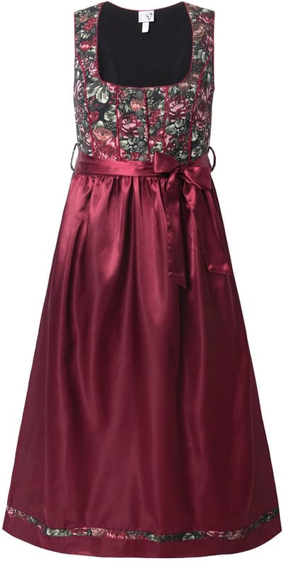 Ulla Popken - Dames - Dirndl bloemen carréhals satijnen schort mouwloos - Wijnrood - Maat 42
