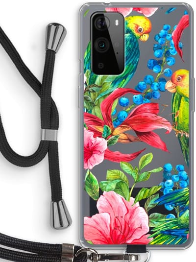 Case Company® - Hoesje met koord geschikt voor OnePlus 9 Pro hoesje met Koord - Papegaaien - Telefoonhoesje met Zwart Koord - Bescherming aan alle Kanten en Over de Schermrand