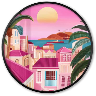 Poster in lijst Rond - Fotolijst 60x60 cm - Posters - Stad - Roze - Palmbomen - Ronde posterlijst zwart - Decoratie - Wanddecoratie woonkamer - Muurdecoratie slaapkamer