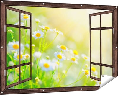 Gards Tuinposter Doorkijk Witte Kamille Bloemen met Zonneschijn - 150x100 cm - Tuindoek - Tuindecoratie - Wanddecoratie buiten - Tuinschilderij