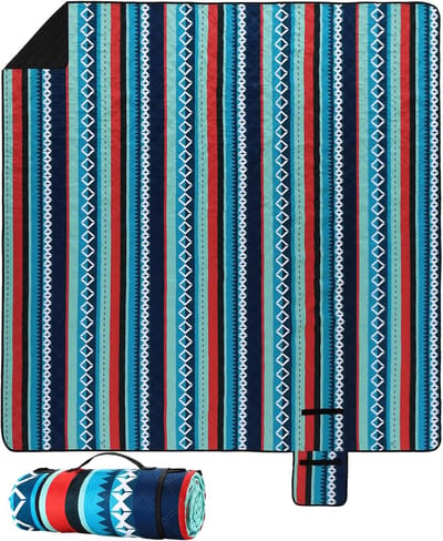 Famanu – 200 x 200 cm - machinewasbaar - XL picknickdeken - extra groot - opvouwbare picknickdeken voor maximaal 8 personen - stranddeken en campingdeken met draaggreep - groen gestreept
