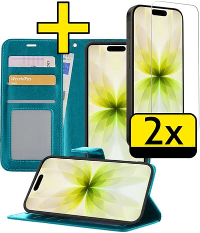 Hoesje - Met 2x Screenprotector - Geschikt voor Apple iPhone 17 - Luxe Pasjeshouder - Bookcase Portemonee - Flip Case - Kunstleer Book Case - Flipcase Hoes - Book Cover - Walletcase - Portemonneehoes - Telefoonhoesjes - Turquoise