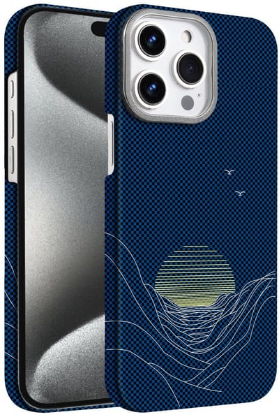 Hoesje Geschikt voor iPhone 15 Pro Hoesje Blauw Sunset - Carbon Hoesje Geschikt voor MagSafe iPhone 15 Pro - Shockproof Back Cover