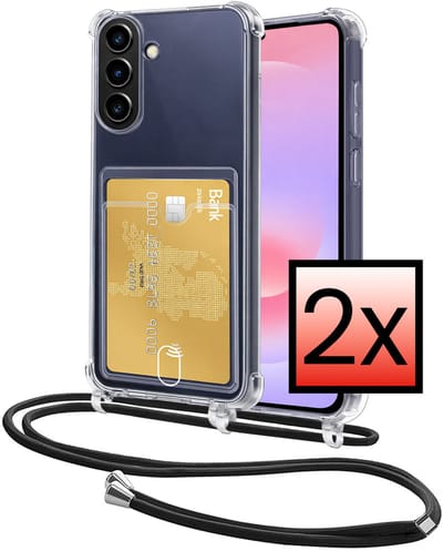 Hoes Geschikt voor Samsung Galaxy A37 Hoesje Pasjeshouder Cover Met Koord Shock Proof Case Siliconen Hoes Met Telefoonkoord en Kaarthouder - Transparant - 2 PACK