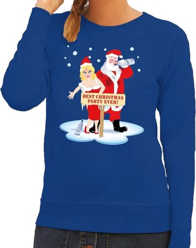 Bellatio Decorations Foute kersttrui - sweater - dronken kerstman en kerstvrouw - na kerstborrel - blauw - dames - Kersttruien XS