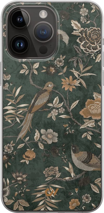 Hoesje geschikt voor Apple iPhone 14 Pro Max - Khaki Golden Flowers - - Groen - Apple - Casevibes