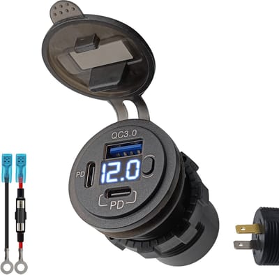 ProRide 12V USB C Stopcontact 3 Poorten Inbouw met Schakelaar/Voltmeter - QC3.0 - met Aansluitkabel 60cm en Glaszekering 10A - Blauw