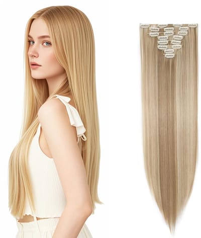 Dailygoods - Clip-in extensies, 8-delige set, haarverlenging, echt haar, voor het hele hoofd, 66 cm, realistische en natuurlijke extensies, clip-in voor vrouwen en meisjes (bleekblond)