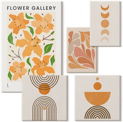 Wallfluent Set van canvas schilderijen - Stijlvolle graphics met bloemen en geometrische patronen Canvas Schilderijen Set - Set van 5 Canvas Schilderijen - Oranje Set van Canvas Prints - Natuur Canvas Kunst Set - Boheemse Canvas Kunst Set