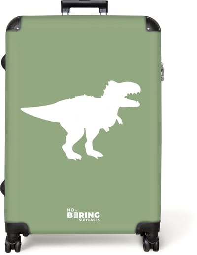 NoBoringSuitcases.com® - Koffer groot - Reiskoffer lichtgewicht - Groen met T-rex dino - Rolkoffer met 4 wielen - Grote trolley XL - 98 liter bagage