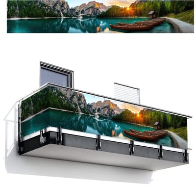 Balkonscherm 500x85 cm - Balkonposter Meer - Bergen - Zonsondergang - Boot - Balkon scherm decoratie - Balkonschermen - Balkondoek zonnescherm