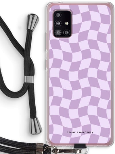 Case Company® - Hoesje met koord geschikt voor Samsung Galaxy A51 5G hoesje met Koord - Grid Paars - Telefoonhoesje met Zwart Koord - Bescherming aan alle Kanten en Over de Schermrand