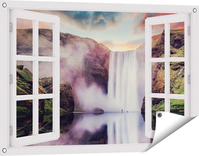 Gards Tuinposter Doorkijk Waterval met een Weerspiegeling in het Water - 90x60 cm - Tuindoek - Tuindecoratie - Wanddecoratie buiten - Tuinschilderij