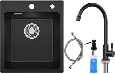 SOFETIY MAX Spoelbak Keuken Zwart 40x45CM - Graniet Spoelbakken Zwart - Enkele Spoelbak Met Koudwater Keukenkraan en Zeepdispenser 300ML - Spoelbakken Incl. Sifon en Afvoerzeefje