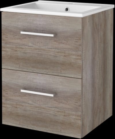 Basic Start 46 badmeubelset met wastafelonderkast met grepen, 2 lades en porseleinen wastafel met 1 kraangat 50 x 46 cm, scotch oak