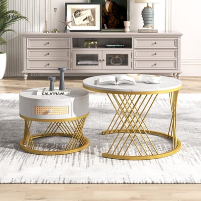 YEHTOKHOME 2-delige Ronde Salontafel met Lade - Wit Marmerlook Tafelblad - Kleine Tafel met Kunststof Rotan Lade - Stijlvolle Bijzettafel - Goud Metalen Frame - 70x70x45,5 cm/50x50x38,5 cm