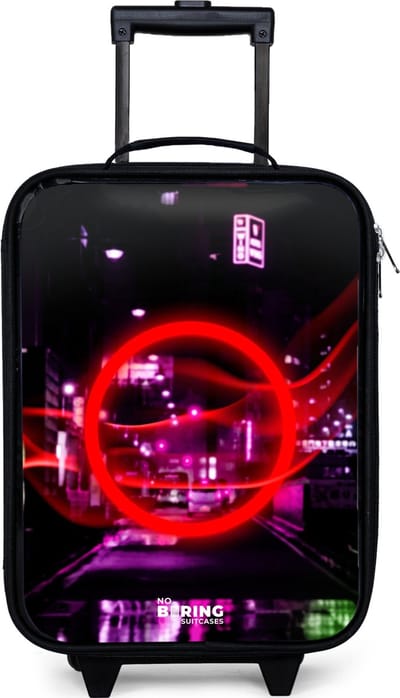 NoBoringSuitcases.com® - Kinderkoffer jongen - Kindertrolley meisje - Felrode cirkel boven een neonverlichte stad - Koffer kind lichtgewicht - Reiskoffer trolley voor kinderen - Koffertje met lichtgevende wieltjes - Rolkoffer zwart