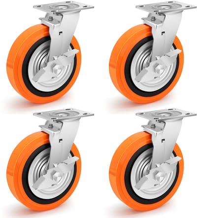 150 mm polyurethaan wielen voor zware meubels met rem, industriële zwenkwielen, draagvermogen 2000 kg, stil en slijtvast voor zware apparaten, grote instrumenten