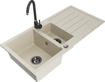 Mexen Andres granieten spoelbak 1,5-komorige met afdruiprek en Telma keukenmengkraan, beige - 6515-69-670200-70