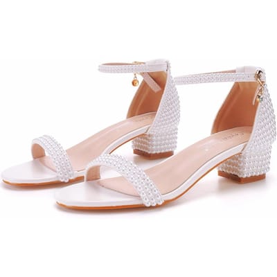 7cm Dikke Hak Lage Opening Eén Bandje Sandalen Ronde Neus Vierkante Neus Dikke Hak Sandalen Witte Parel Sandalen Bruidsschoenen Bruiloft 41
