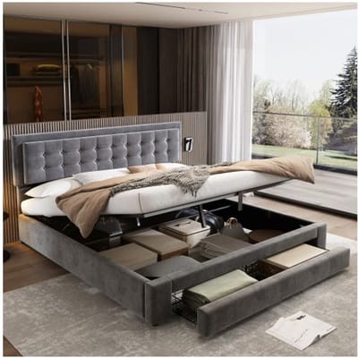 Bed met opbergruimte en lades - MUVOE - 160 x 200 cm - Velours stof - Verstelbaar - Grijs grijs