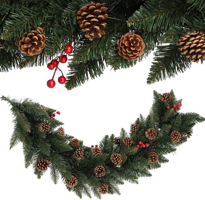 KADAX Dennenslinger, decoratieve slinger, 115 cm lange dennenslinger met dennenappels, kunstmatige kerstslinger van pvc-folie, kerstdecoratie (asher)