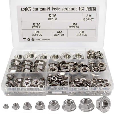 Complete Set van 200 Rvs Flensmoeren M3 tot M12 met Lock Teeth, Zelfsluitende Moeren en Assortiment voor Diverse Toepassingen