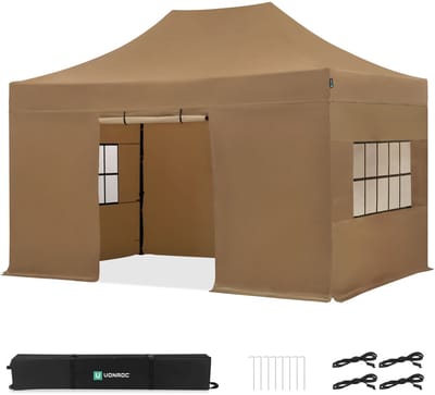 VONROC Easy-Up Partytent – 3x4.5 m - Premium easy-up Partytent - Set incl. Zijwanden - Modu-lair Ontwerp – Opvouwbaar – Waterdicht – Stalen Frame - 50+ UV Bescherming - Incl. Opbergtas - Beige